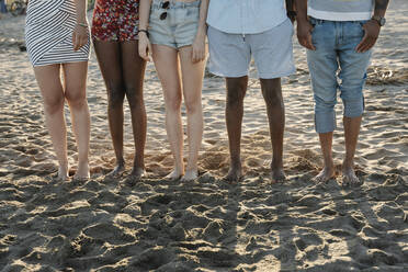 Tiefschnitt von Freunden, die am Strand im Sand stehen - RDGF00159