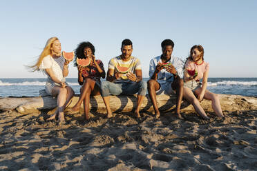 Freunde sitzen auf einem Baumstamm und essen Wassermelone am Strand an einem sonnigen Tag - RDGF00170