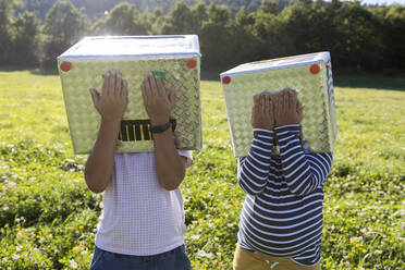 Boys covering cardboard box face with hand while standing in meadow - VABF03517