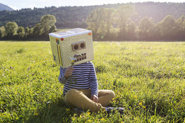 Boy with cardboard box on face holding flower while sitting on grass in meadow - VABF03518