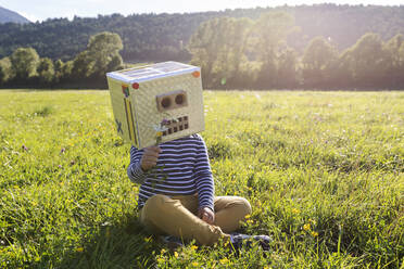 Junge mit Pappkarton im Gesicht, der eine Blume hält, während er im Gras auf einer Wiese sitzt - VABF03518