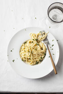 Plate of spaghetti with fettuccine Alfredo sauce - SBDF04330