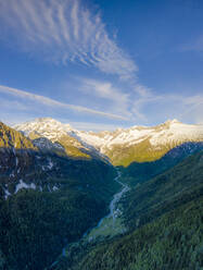 Aerial panoramic of Monte Disgrazia and Chiareggio valley at dawn, Valmalenco, Sondrio province, Valtellina, Lombardy, Italy, Europe - RHPLF17654