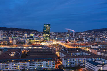 View of Zurich district 4 and 5 and Prime Tower, Hard Bridge from above at night, Zurich, Switzerland, Europe - RHPLF17758