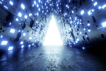 Three dimensional render of blue glowing triangle shaped gate - SPCF00980