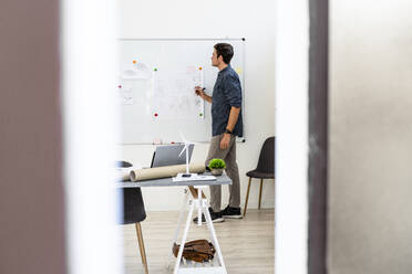 Architekt bei der Vorbereitung einer Geschäftsstrategie, während er im Büro am Whiteboard steht - GIOF08911