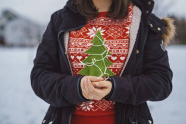 Nahaufnahme einer jungen Frau, die einen Weihnachtsbaum und Lichterketten hält, während sie im Winter im Freien steht - JSCF00158