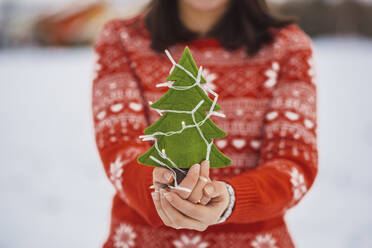 Nahaufnahme einer Frau, die einen Weihnachtsbaum mit Lichtern hält, während sie im Winter im Freien steht - JSCF00159