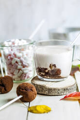 Nahaufnahme von heißer Schokolade mit Marshmallows und Trüffel-Lutschern auf dem Tisch zu Hause - SBDF04385