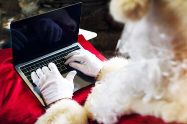 Mann im Weihnachtsmannkostüm benutzt Laptop, während er zu Hause sitzt - PGF00063