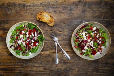 Two bowls of vegetable salad with lentils, arugula, red bell pepper, feta cheese and radicchio - LVF09017