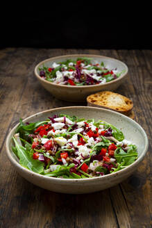 Zwei Schalen Gemüsesalat mit Linsen, Rucola, roter Paprika, Feta-Käse und Radicchio - LVF09018