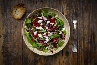 Bowl of vegetable salad with lentils, arugula, red bell pepper, feta cheese and radicchio - LVF09021