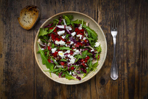 Schüssel Gemüsesalat mit Linsen, Rucola, roter Paprika, Feta-Käse und Radicchio - LVF09021