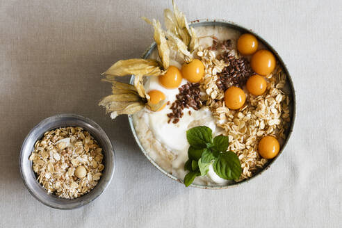 Bowl of porridge with oats, flax seed and winter cherries - EVGF03761