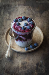 Blueberry buckwheat porridge cup topped with blueberry on table - EVGF03775