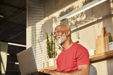 Smiling mature man looking away while using laptop at home on sunny day - FMKF06398