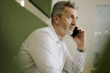 Man talking on phone while sitting in office - JOSEF01972