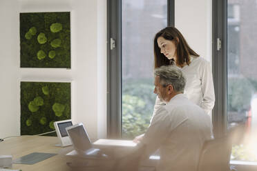 Partner diskutieren bei der Arbeit am Laptop im Büro - JOSEF02052