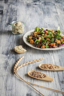 Teller mit vegetarischem Salat mit Süßkartoffeln und Wildreis und zwei Holzlöffel mit grunkern Dinkel und Quinoa - EVGF03821