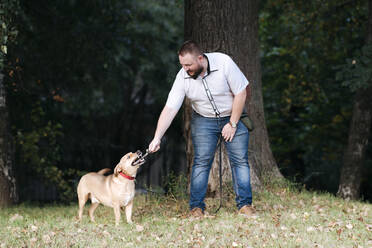 Mittlerer Erwachsener Mann spielt mit Hund im Park - EYAF01326