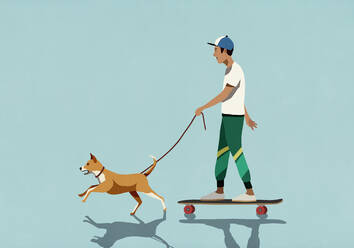 Hund an der Leine, der einen Jungen auf einem Skateboard zieht - FSIF05299