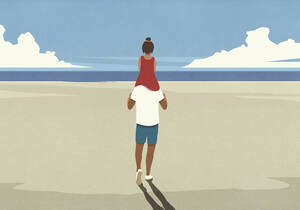 Vater trägt Tochter auf den Schultern am idyllischen, sonnigen Sommerstrand am Meer - FSIF05315