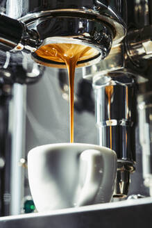 Espresso tropft aus dem Edelstahlsieb in die Kaffeetasse - FSIF05370