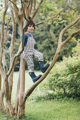 Boy smiling while standing on branch of tree in garden - ALBF01575