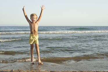 Cheerful boy with hand raised standing against sea at beach - VEGF02939