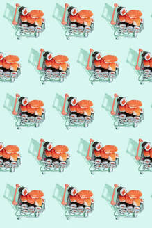 Fresh Japanese salmon sushi nigiri in shopping carts on colored background - GEMF04181