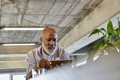 Bald mature man using digital tablet at building terrace stock photo