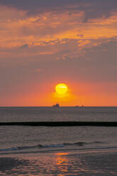 Blick auf die Sonne am orangefarbenen Himmel über dem Wattenmeer bei Sonnenuntergang - WIF04339