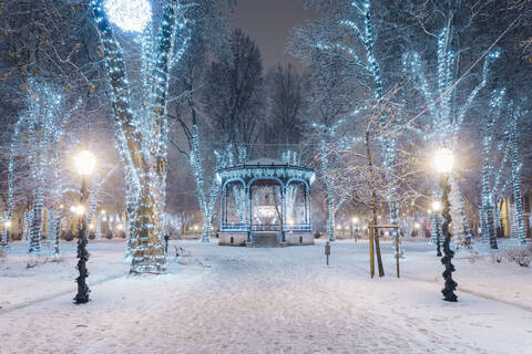 Schneebedeckter Fußweg inmitten von beleuchteten Bäumen während der nächtlichen Adventszeit, lizenzfreies Stockfoto