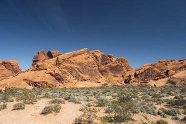 Felsformationen gegen den klaren blauen Himmel in der Wüste, Nevada, USA - DGOF01535