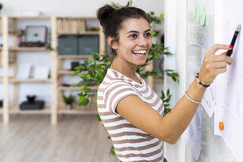 Zufriedene Architektin, die mit einem Filzstift auf ein Whiteboard am kreativen Arbeitsplatz zeigt - GIOF08999
