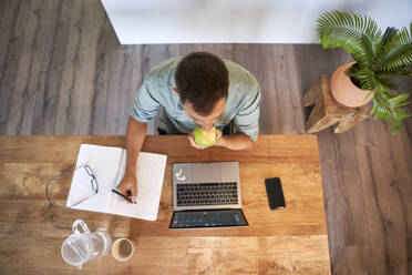 Male freelancer eating fresh apple while working at home - VEGF02988