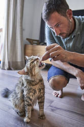 Gut aussehender Mann hockt beim Füttern einer Katze zu Hause - VEGF02990