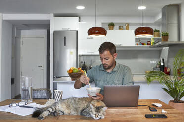Geschäftsmann isst Nudeln, während die Katze am Esstisch schläft - VEGF02991