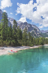 Paddelbretter am Ufer des Pragser Wildsees zwischen Bäumen an einem sonnigen Tag, Dolomiten, Südtirol, Italien - MMAF01422