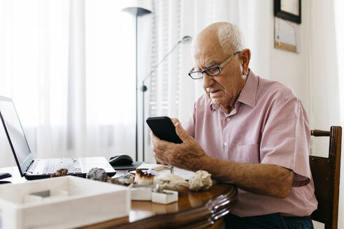 Ein älterer Mann benutzt ein Smartphone, während er zu Hause über Mineralien und Fossilien recherchiert - JRFF04773