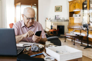 Älterer Mann mit Smartphone bei der Recherche über Mineralien und Fossilien zu Hause - JRFF04774