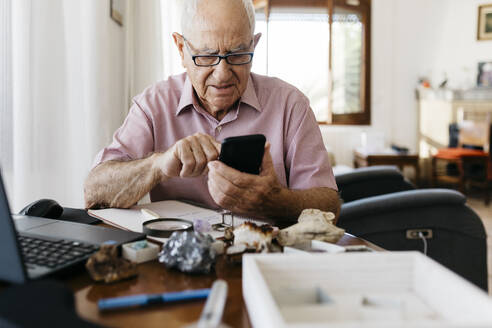 Ein älterer Mann benutzt ein Mobiltelefon, während er zu Hause über Mineralien und Fossilien recherchiert - JRFF04775