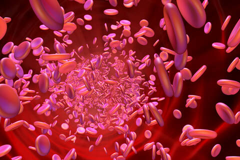 3D-Darstellung von Hämoglobin-Zellen, die im Blutstrom schwimmen, lizenzfreies Stockfoto