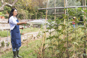 Frau bei der Gartenarbeit, während sie im Gemüsegarten Wasser aus dem Schlauch sprüht - FMOF01197