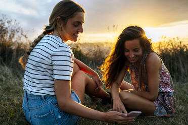 Lächelnde junge Freundinnen schauen auf ihr Smartphone, während sie bei Sonnenuntergang auf einer Wiese sitzen - MGOF04529