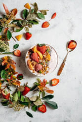 Draufsicht auf eine nahrhafte Smoothie-Schale mit Erdbeeren und Nüssen, die auf einem Tisch mit Grünpflanzen und verschiedenen Früchten angeordnet ist - ADSF16237
