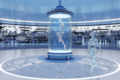 3D rendered Illustration of woman transferring her consciousness into gynoid in regeneration tank - SPCF01015