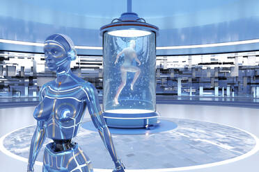 3D rendered Illustration of woman leaving her body behind and transferring her consciousness into gynoid in regeneration tank - SPCF01016