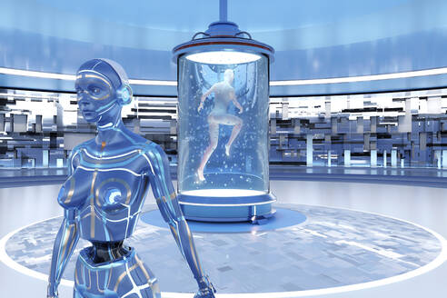 3D rendered Illustration of woman leaving her body behind and transferring her consciousness into gynoid in regeneration tank - SPCF01016